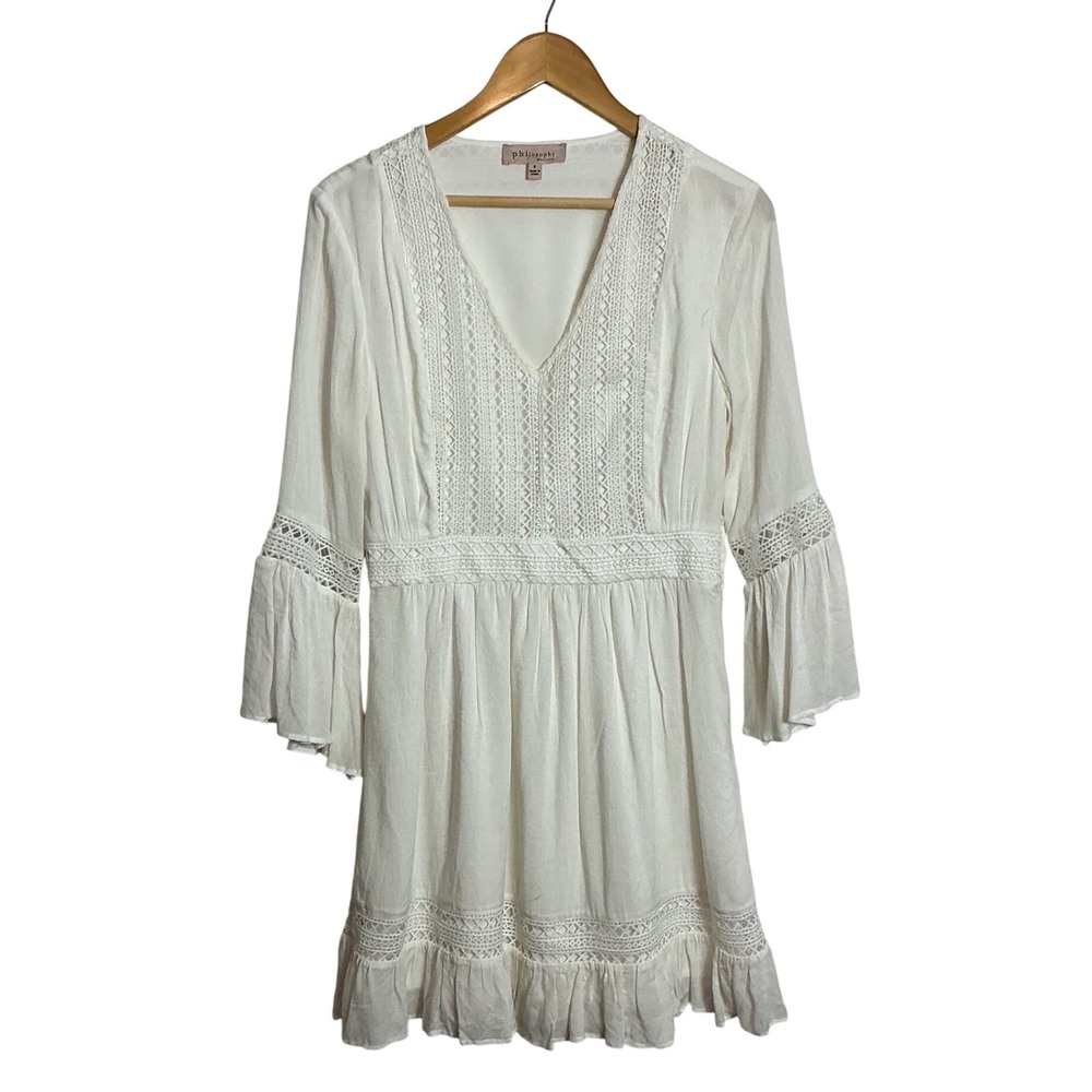 Philosophy Size 6 White Crochet Lace Bell Sleeve Boho Mini Dress Cottage Fairy